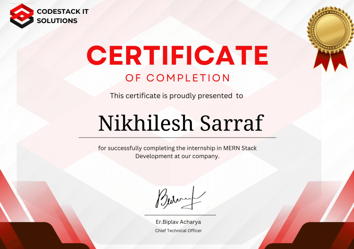 MERN Stack Development Internship - Certificate of Completion